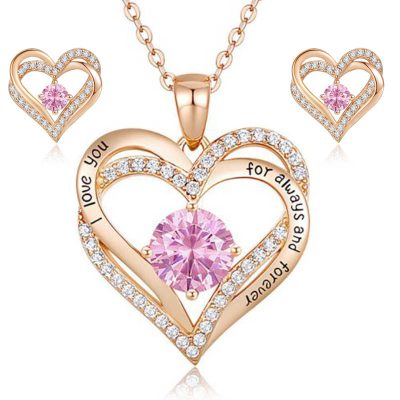 Roze Swarovski hart ketting en oorbellen