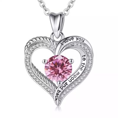 Silver Plated Swarovski Hart Ketting met Roze steentje