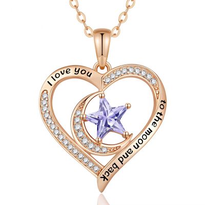 Gold Plated Swarovski Hart ketting maan & ster paars